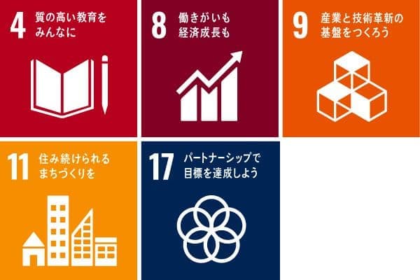 質の高い教育をみんなに、働きがいも経済成長も、産業と技術革新の基盤をつくろう、住み続けられるまちづくりを、パートナーシップで目標を達成しよう